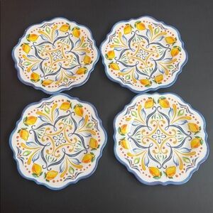 4pc NICOLE MILLER HOME Scalloped Edges Melamine Salad Plate Set With Lemons